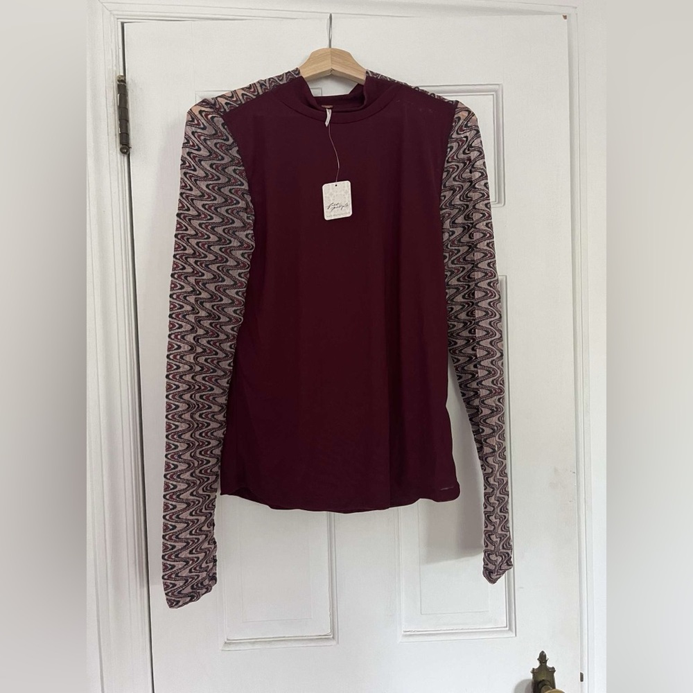 Free People Retro Contrast Sleeve Eve Top Wine